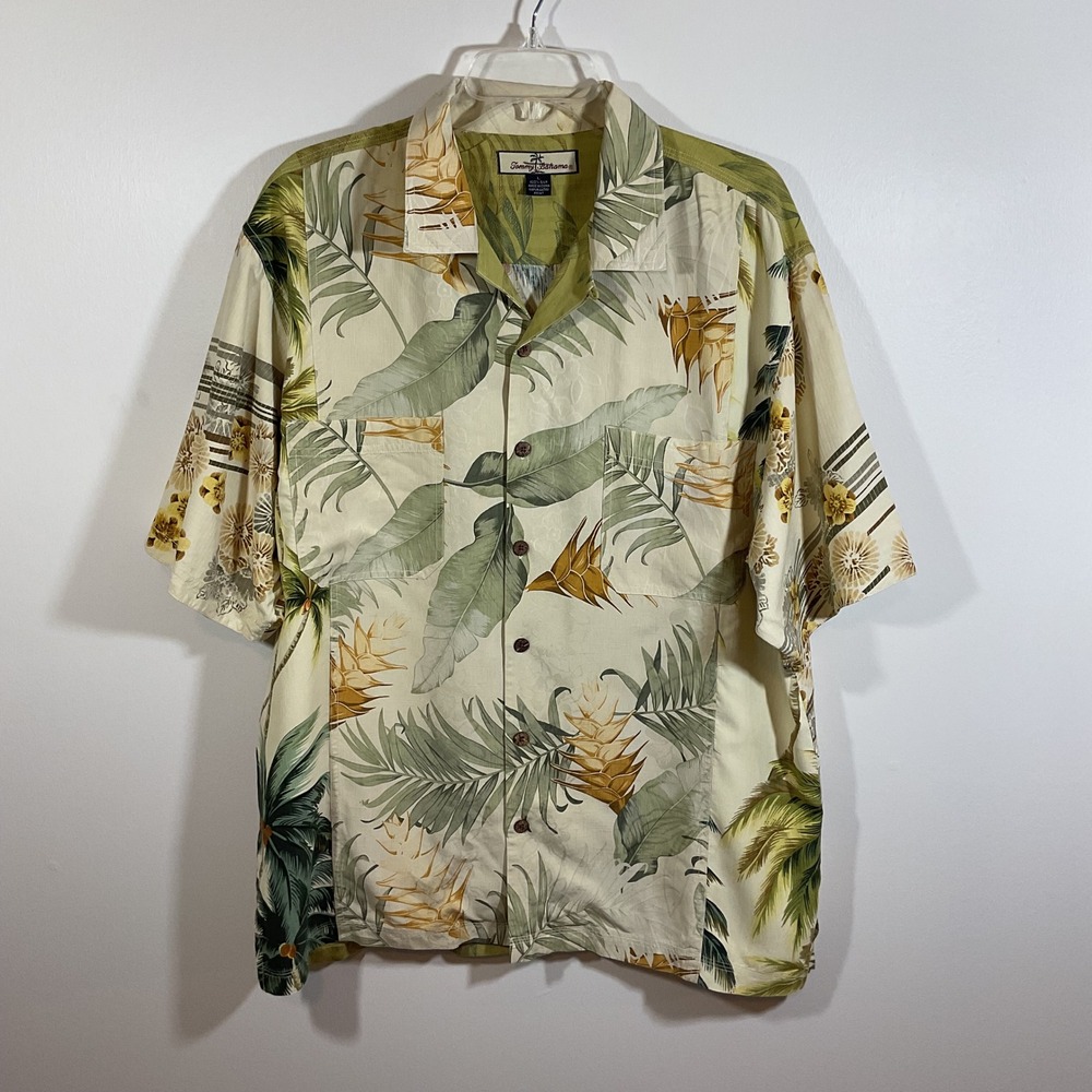 Tommy Bahama Mens L Silk Floral Hawaiian Camp Shirt Tropical Resortwear Vacation